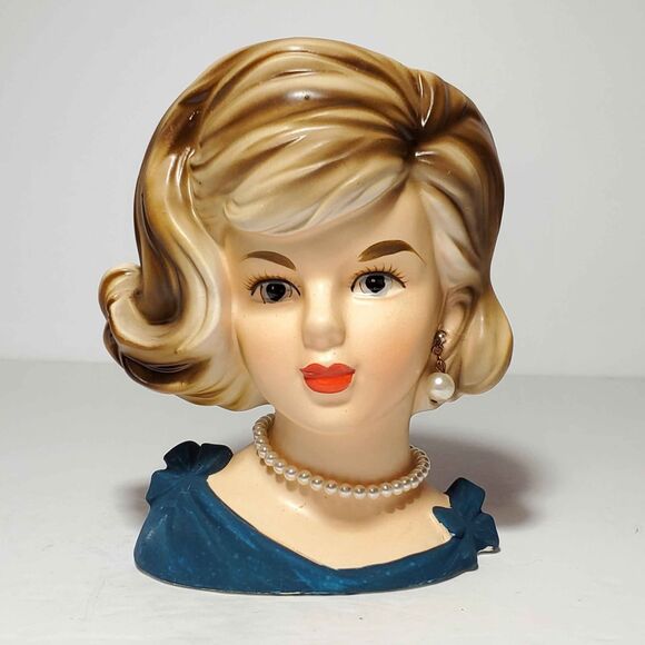 Lady Head Vase Blue Bow Pearls 5.5"